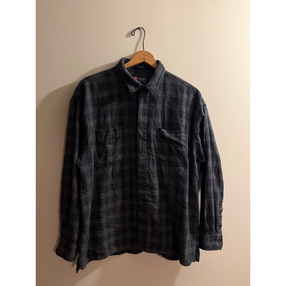 Vintage 90s Chaps Ralph Lauren Plaid Flannel Shirt Mens XL Grey Blue Cotton